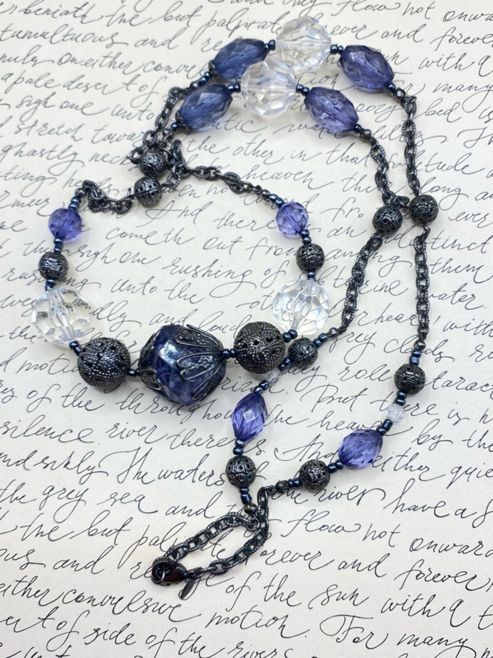AVON Dusty Blue & Clear Acrylic Necklace Gun Metal Chain 32”